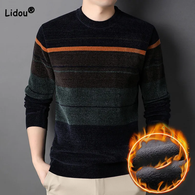 Fashion Casual Thickening Round Neck Striped Men\'s Sweaters Autumn Winter Classic Long Sleeve Warm Knit Pullovers Male Clothes