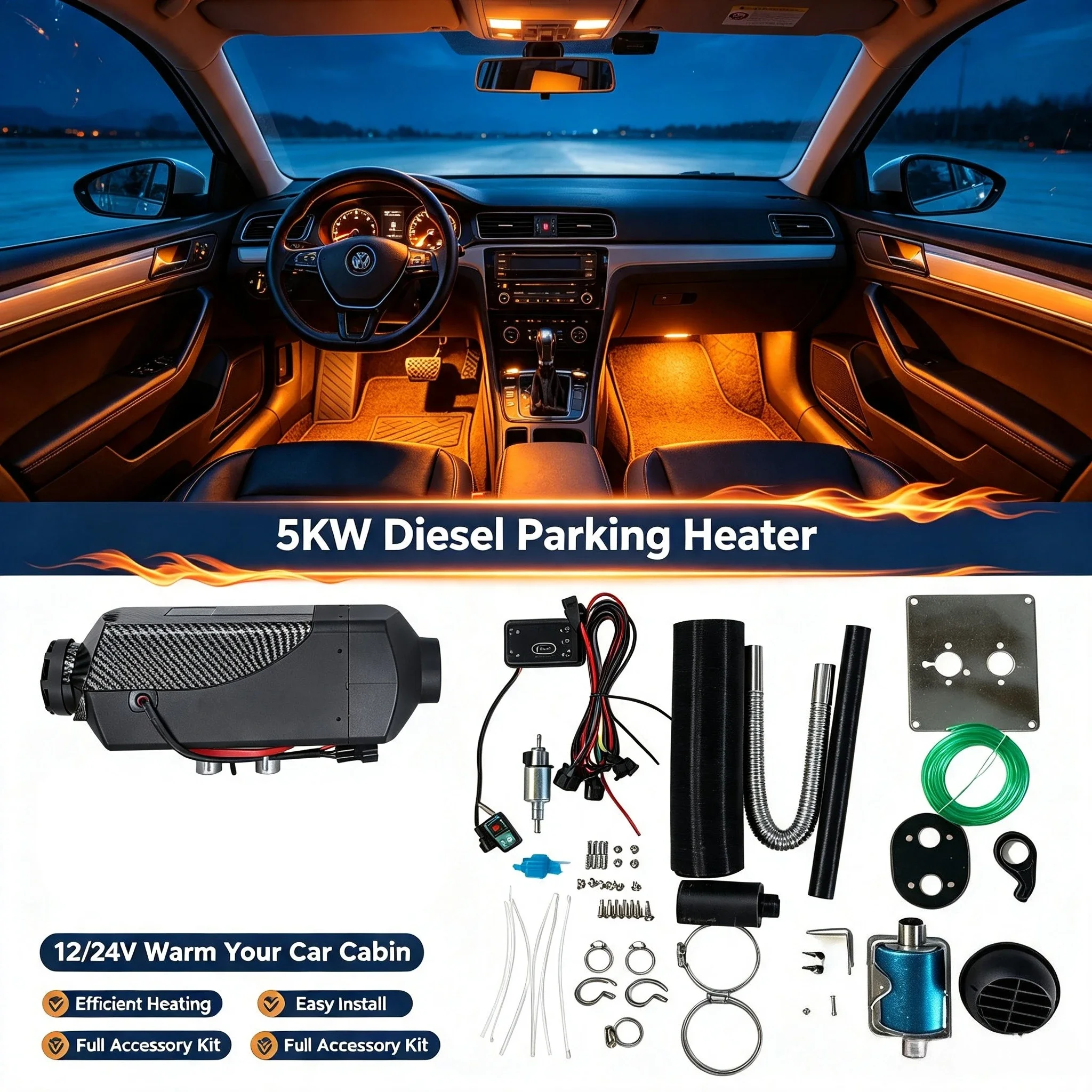 Universal Diesel Air Parking Heater 5KW 12V 24V Remote Control Fuel Heater for Car Truck RV Camper Automotive Heating Supplies