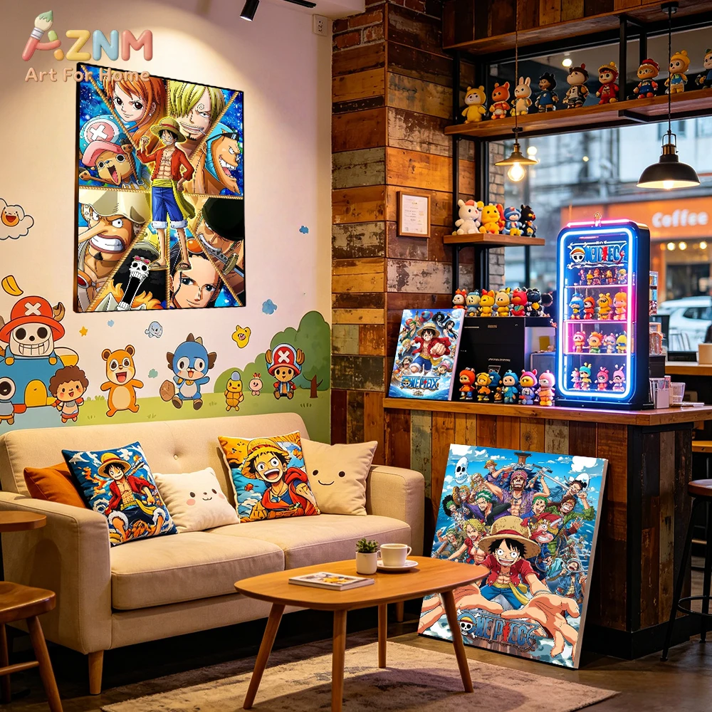 AZNM One Piece Straw Hat Pirates Luffy Nami Sanji Chopper Anime Frameless Canvas Wall Art, Manga Home Living Room Decor Painting