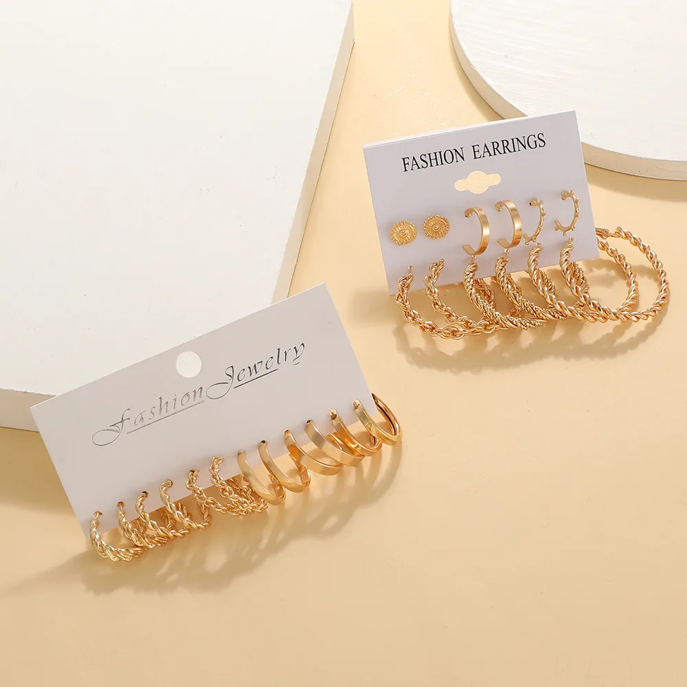 6 Pairs Earrings Set for Women Gold Color Big Drop Dangle Geometric Circle Earring Trendy Luxury Ear Jewelry Gift Accessories