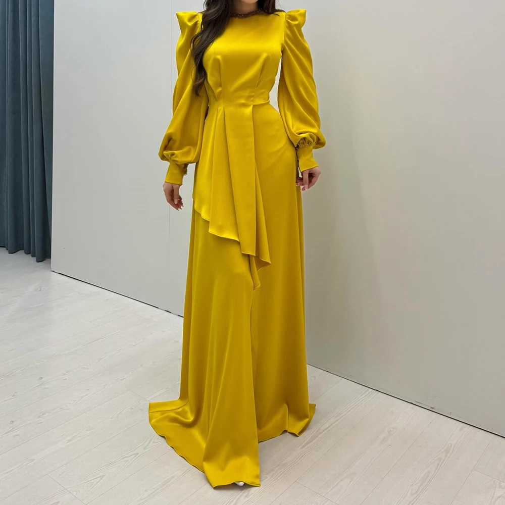 ชุดราตรีทรงเอไลน์แบบสั่งตัด ความยาวกรอมพื้น คอทรงโอ แขนยาว ชุดออกงานแฟชั่น ประดับเลื่อม จับจีบเรียบง่าย ผ้าเดรป ชุดงานเลี้ยง