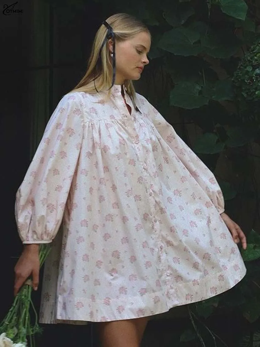 

Oymimi Elegant Pink Print Women's Dress Fashion Stand Neck Button Wrist Sleeve Dresses Casual New Loose Mini Dresses Streetwear