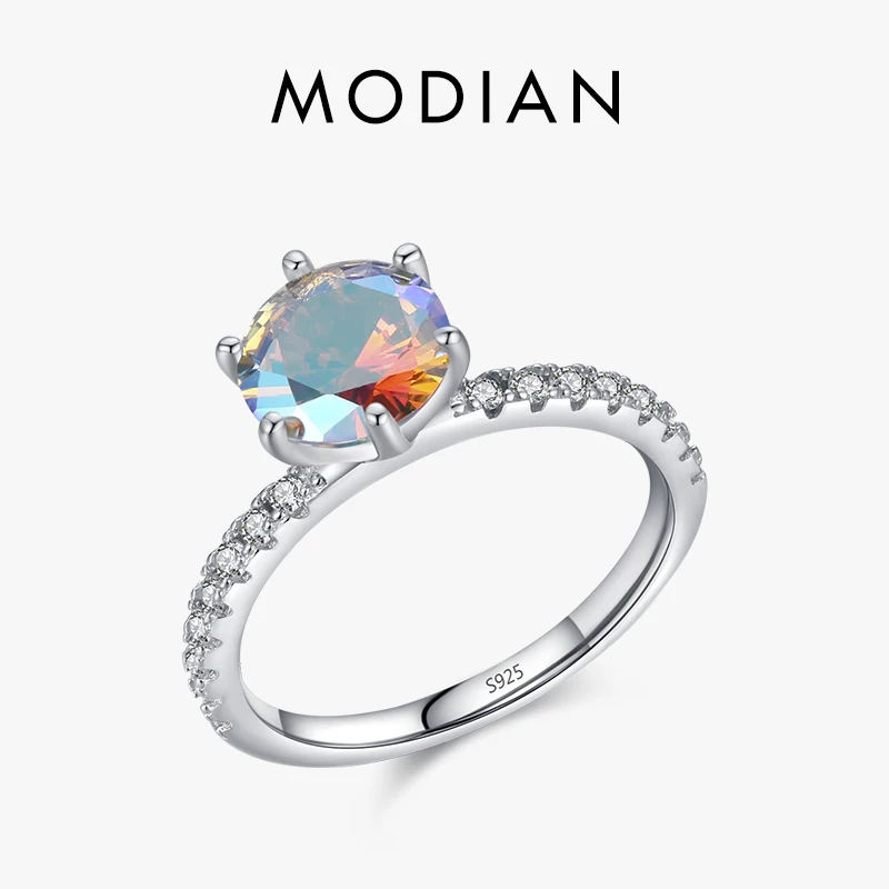 

Modian Genuine 925 Sterling Silver Sparkling Round Zircon Ring For Women Colorful Band Simple Rings Fine Jewelry Wedding Gift