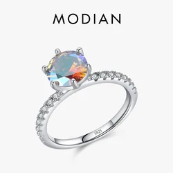 Modian Genuine 925 Sterling Silver Sparkling Round Zircon Ring For Women Colorful Band Simple Rings Fine Jewelry Wedding Gift