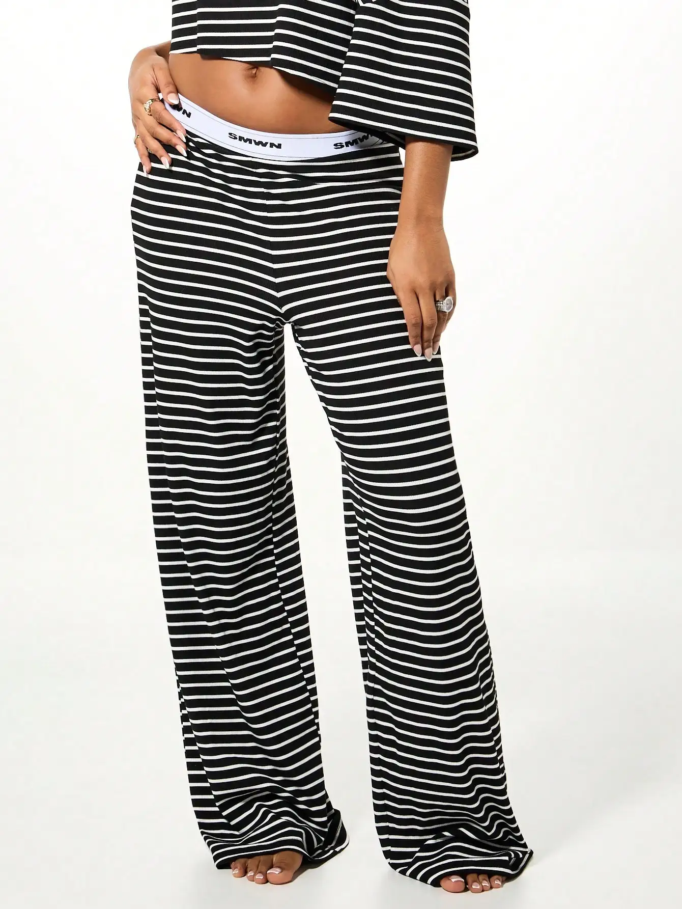 

Women's Black and White Striped Wide Leg Palazzo Lounge Pants with Elastic Waistband
