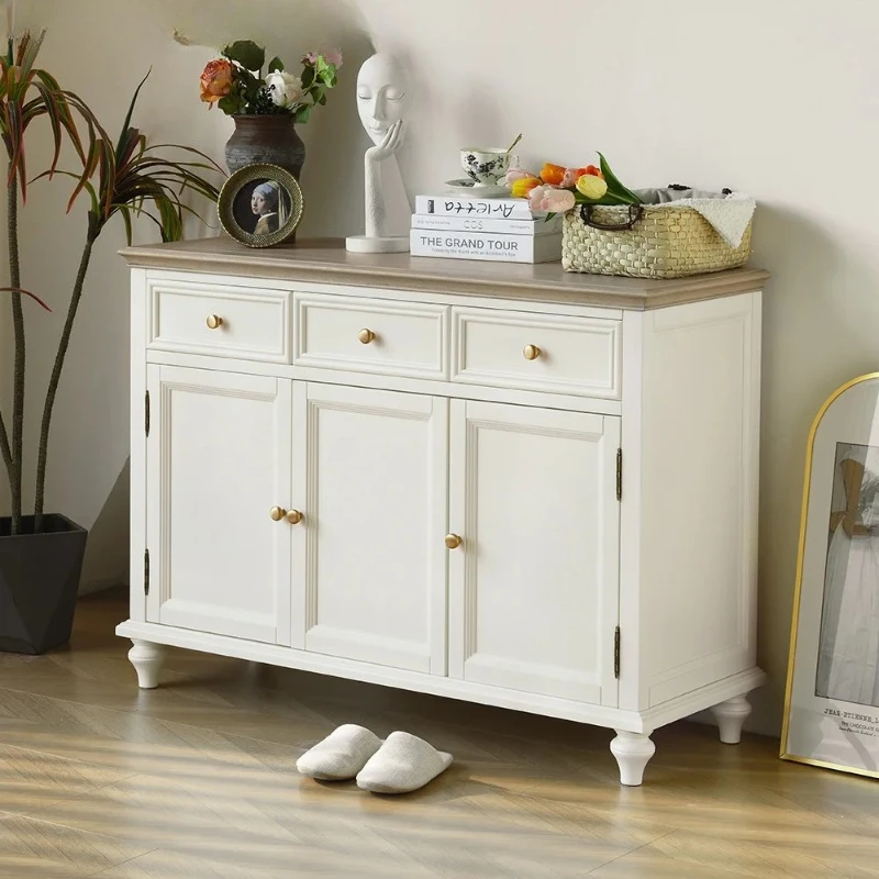 White solid wood dining side cabinet, three doors, all logs, kitchen cabinet, locker, living room wall stand cabinet