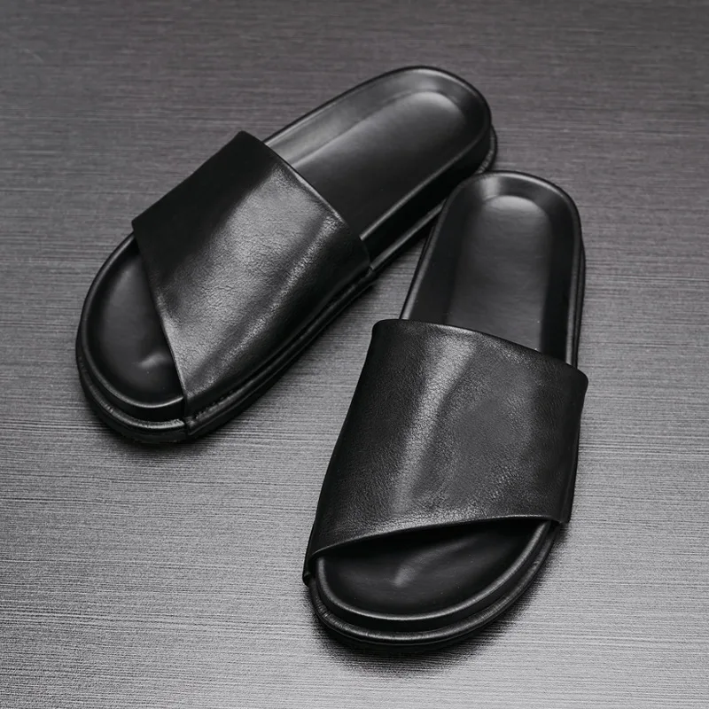 Designer Shoes Slip-On Sandals Cowhide Outside Casual Slippers High Quality Genuine Leather Shoes Men Summer Mens Flip Flops