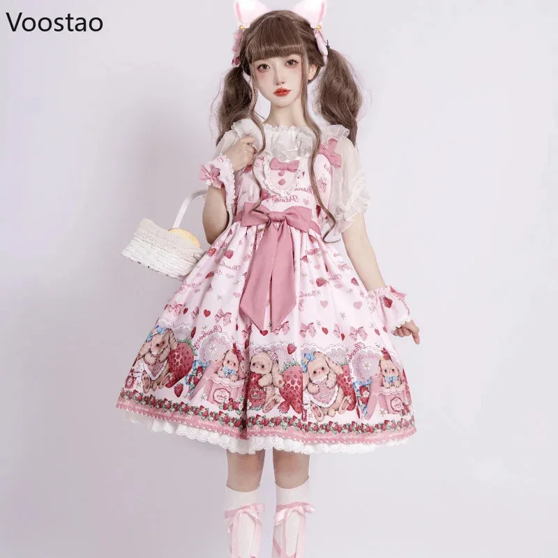 DY20Japanese Sweet Lolita Jsk Dress Strawberry Cartoon Cute Bunny Print Princess Party Dresses Summer Girl Cute Bow Suspenders D