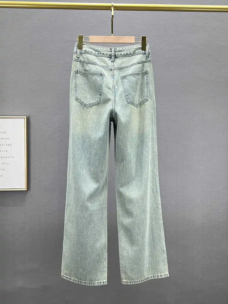 Letnie damskie spodnie jeansowe z dziurami moda codzienna luźny napis drukuj Rhinestone spodnie żebraka wysokiej talii cienkie dżinsy z prostymi nogawkami