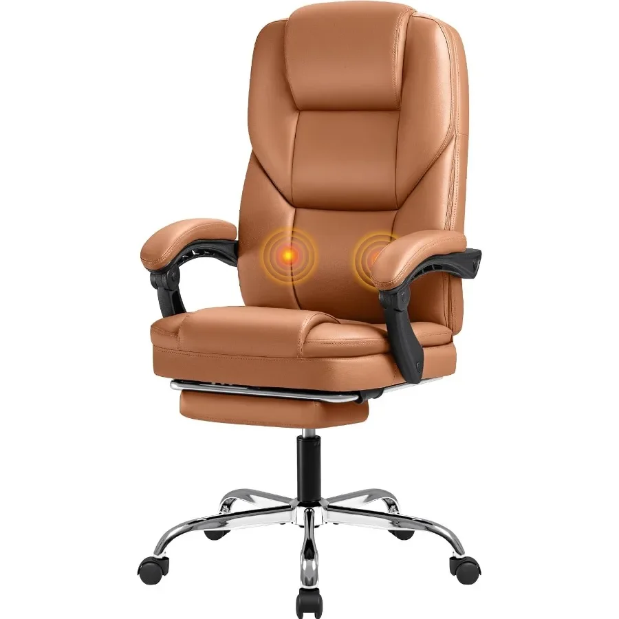Executive office chair with foot rest for big and tall users, brown leather, ergonomic reclining design with lumbar support and