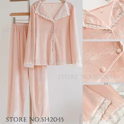 Women's Pajama Autumn Winter New Velvet Sleepwear 2PCS Pijamas Suit Home Clothing Sweet Palace Style Cardigan Trouser Loungewear
