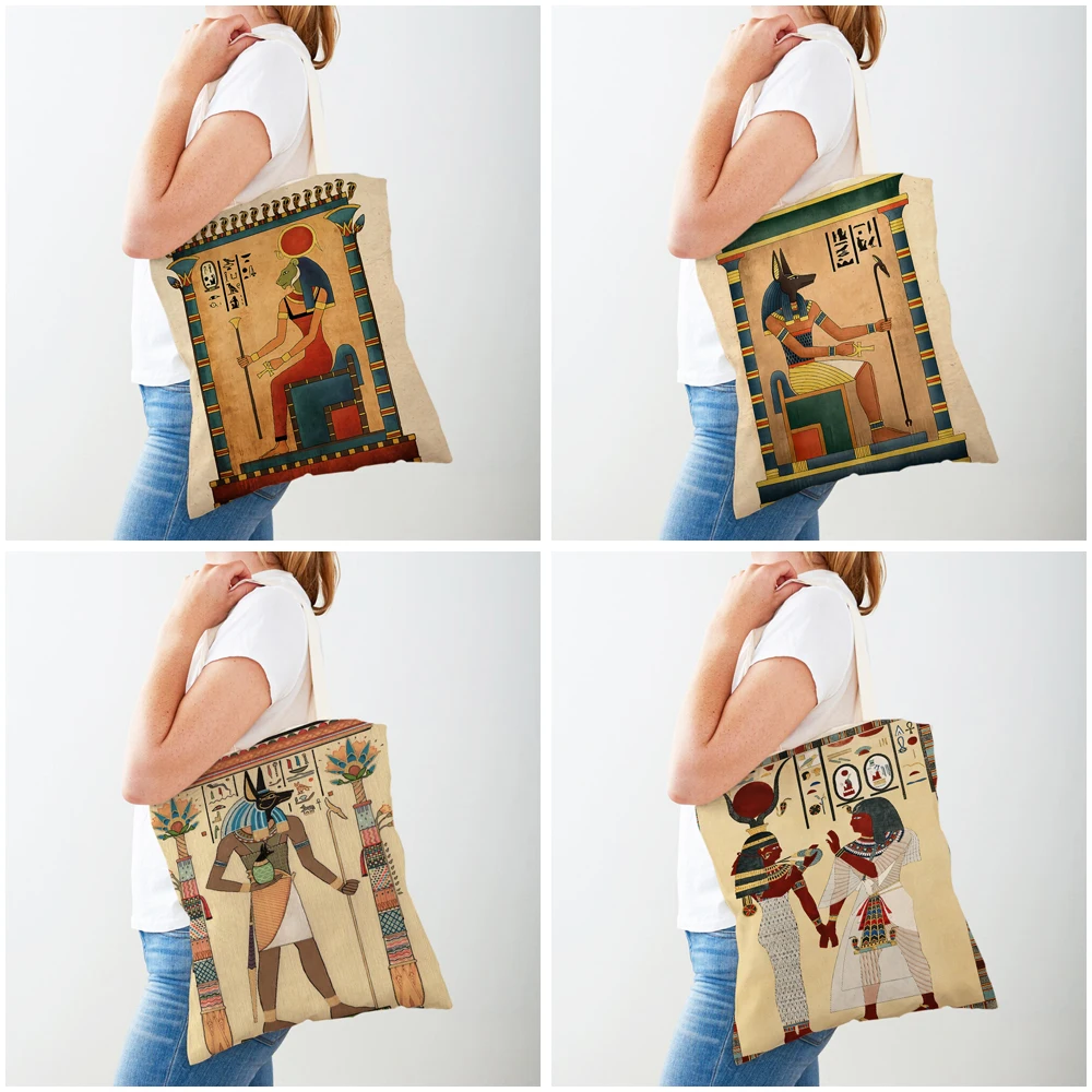 Fashion Ancient Egypt Totem Pharaoh Both Sided Canvas Shopping Bag Reusable Cartoon Anubis Lady Student Shopper Bags for Women