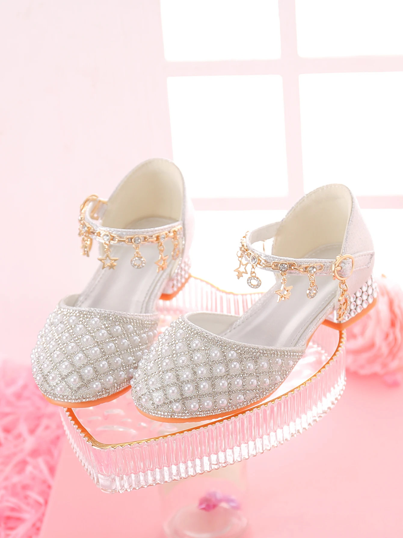 Girl's crystal high heels paired with formal dress performance princess shoes