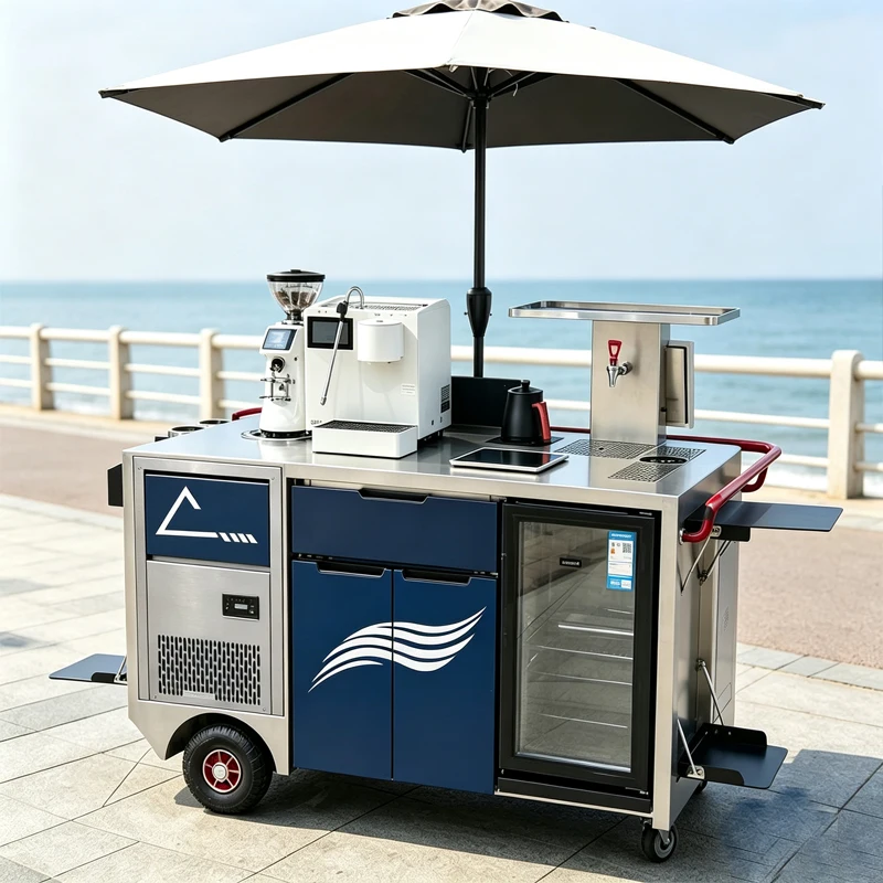 Mobile Coffee Trolley Cart Wheeled Coffee Workbench With Glass Display Refrigerator For Outdoor Events Customized