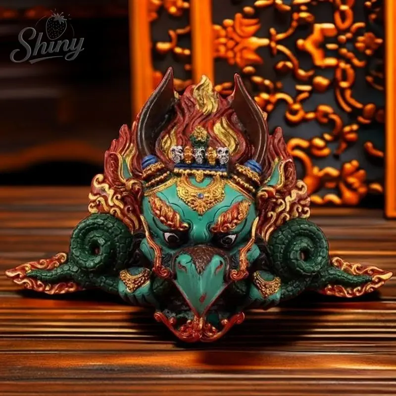 

25cm Nepal Hand Carved Paintings Lacquerware Roc Dharma Protector Statue Mask Home Decoration Accessories