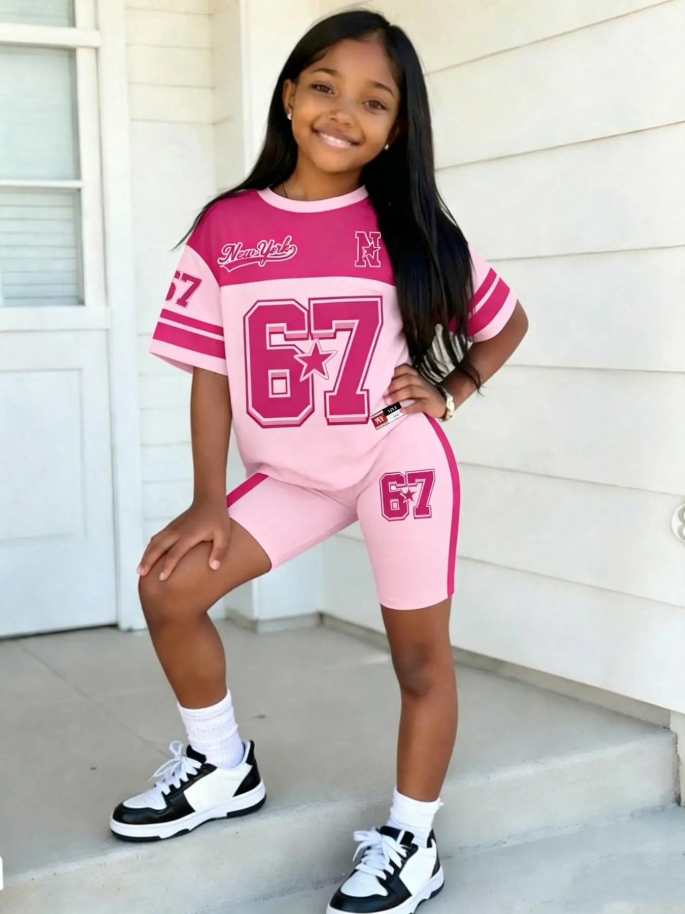 Sommer-Freizeitoutfit für Mädchen: Rosa, normales Kurzarm-Oberteil + enge Shorts, zweiteiliges Set, rosa Set mit Nummer 67-Aufdruck für Kinder, geeignet für 4-12-jährige Kinder, vielseitige Kleidung für Zuhause und Ausflüge – Detail 1