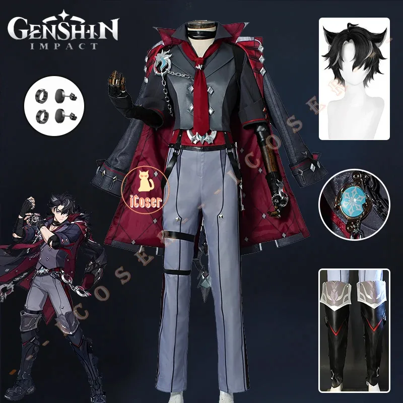 

Genshin Impact Wriothesley костюм парик униформа Meropide крепость серьги кольцо Хэллоуин вечерние для женщин мужчин