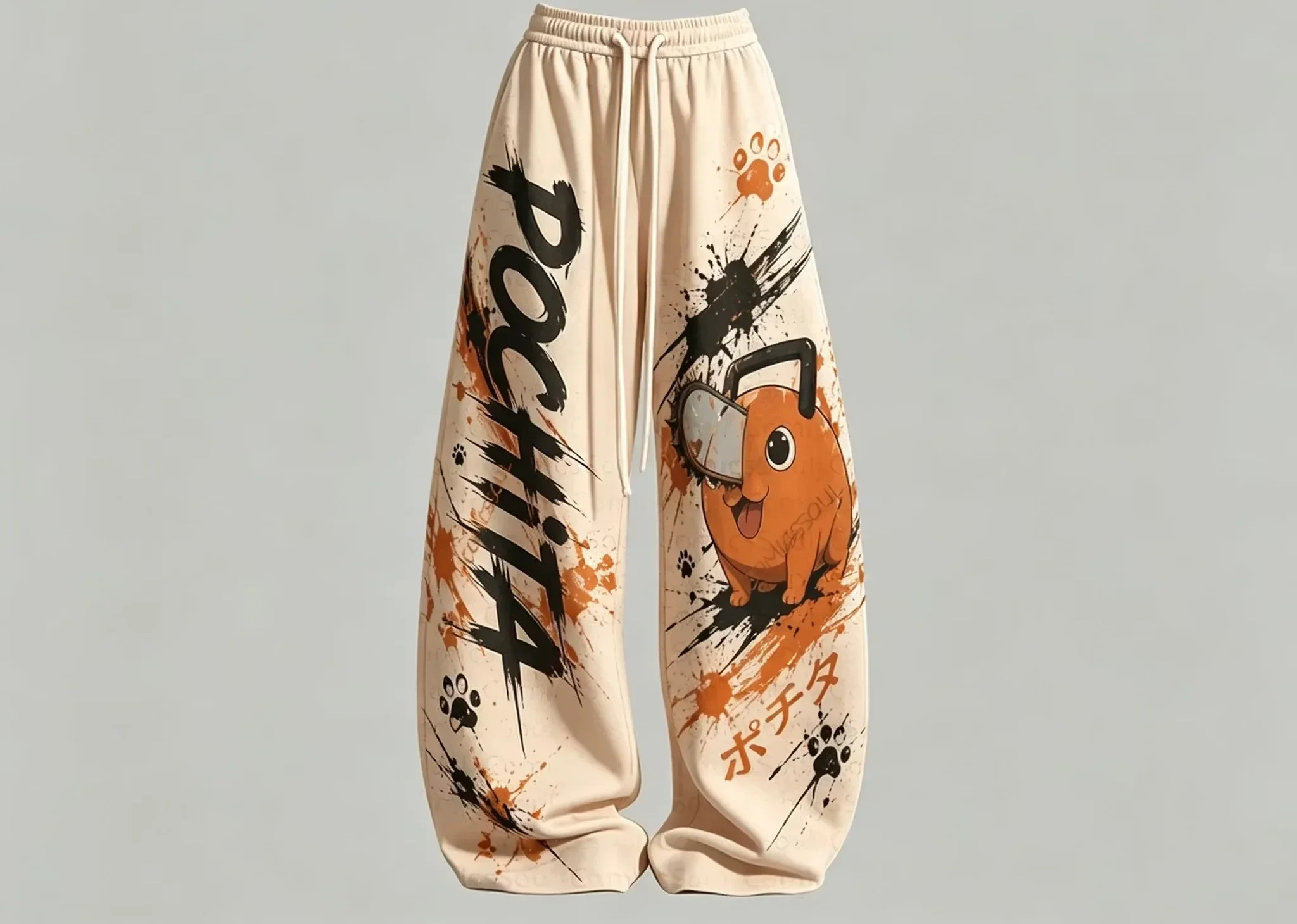 Cream Base Splash Puppy Creature Baggy Trousers, Light Silky Drawstring Pants for Weekend Picnic & Cartoon Style Art Enthusiasts
