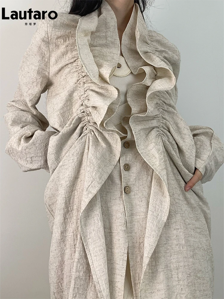 Lautaro Spring Autumn Extra Long Ruffled Soft Trench Coat for Women Elegant Chic Stylish Luxury Designer Clothes Overcoat 2026