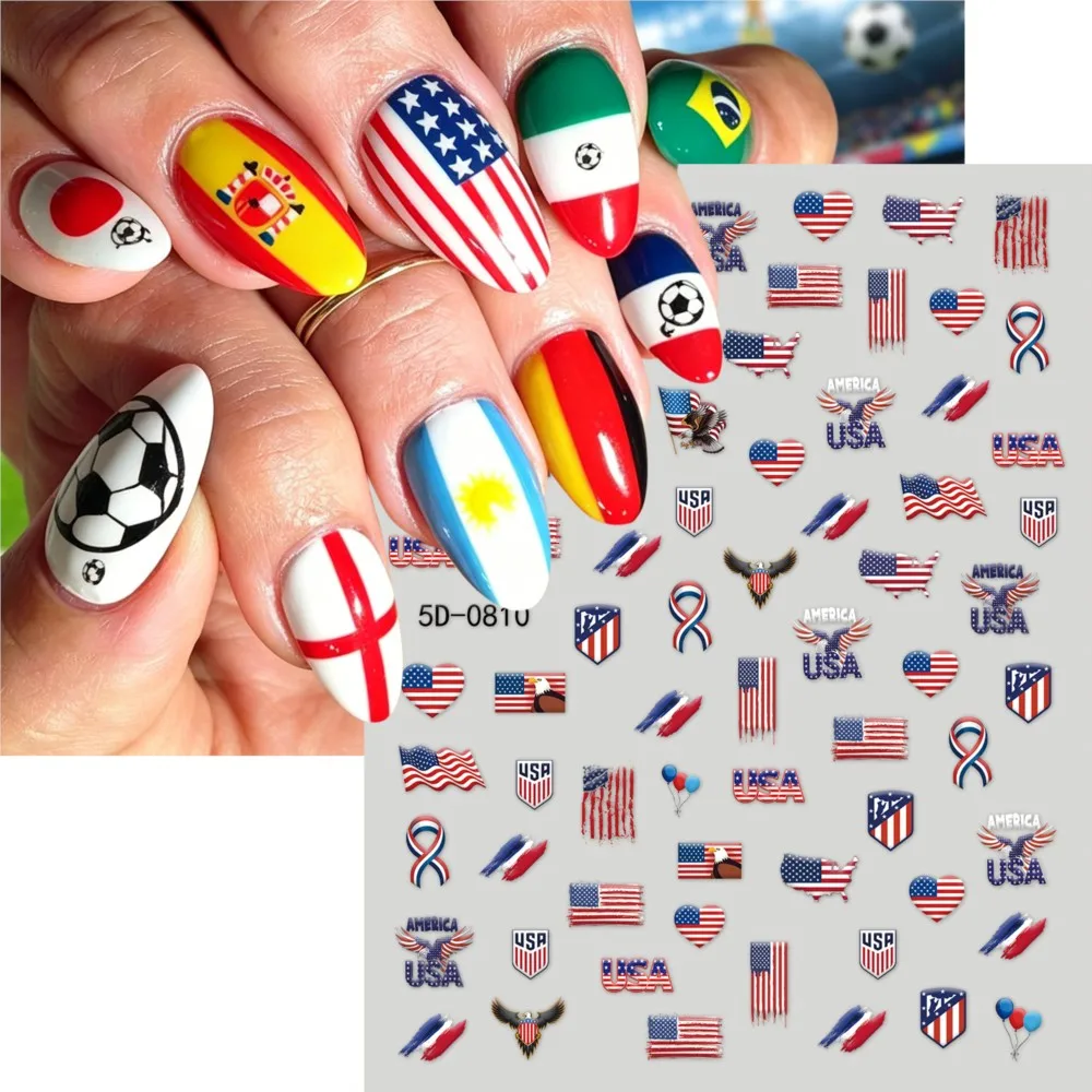 1pc 5D Embossed US Flag Nail Art Stickers Waterproof Eagle Heart Self Adhesive Nail Decals Sports Game Fan DIY Manicure Sliders