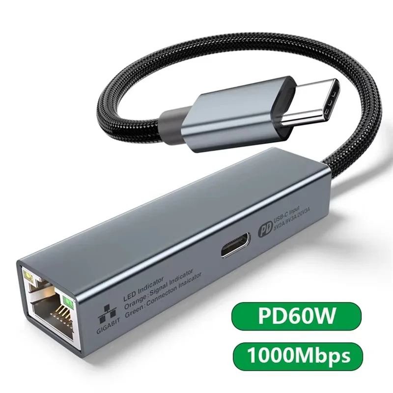 A08E-2 In 1 USB C Network Card With PD 60W Fast Charging Port 1000Mbps Type C To Ethernet RJ45 Lan Gigabit Adapter For PC