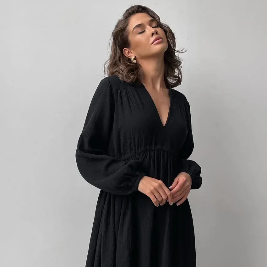 Women Lounge Dress V Neck Full Sleeve Elastic Waist Midi Dresses A Line Casual Loose Fit Autumn 2023 Ladies Nightgowns