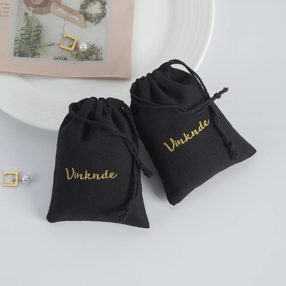 Personalized Logo Black Canvas Cotton Packaging Drawstring Bag Double Cotton Ribbon jewelry Gift Pouch Wedding Favors For Guests