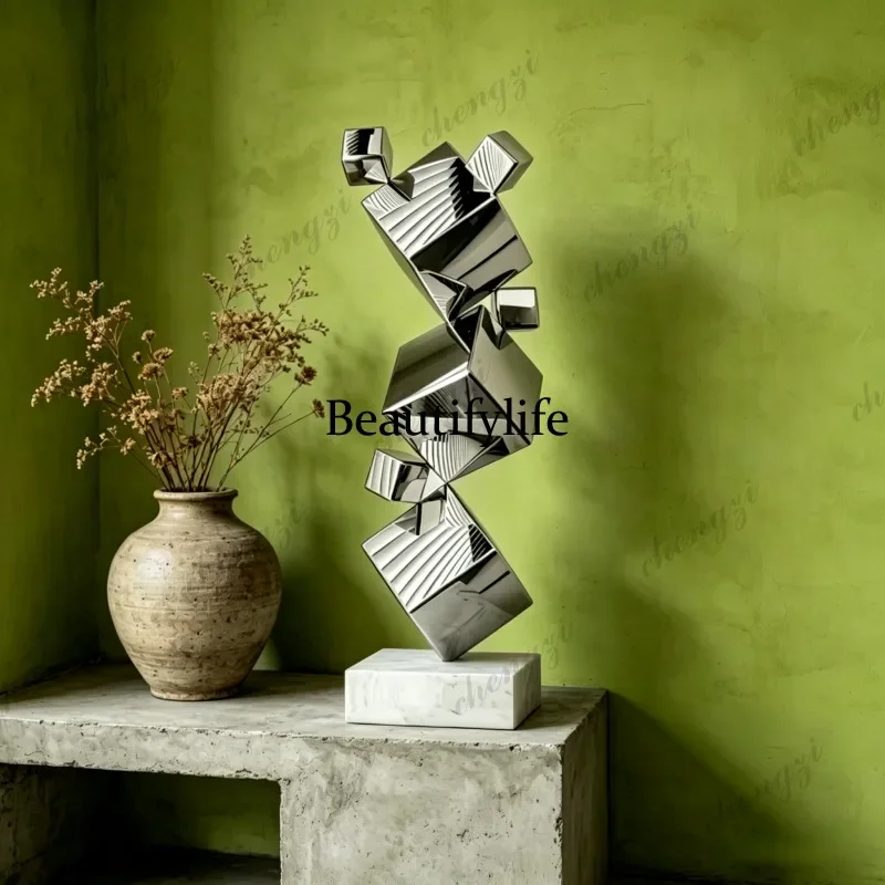 M138 TTT Stainless Steel Water Ripple Cube Geometry Mirror Creative Model Decor for Hotel Office Porch Home Shop