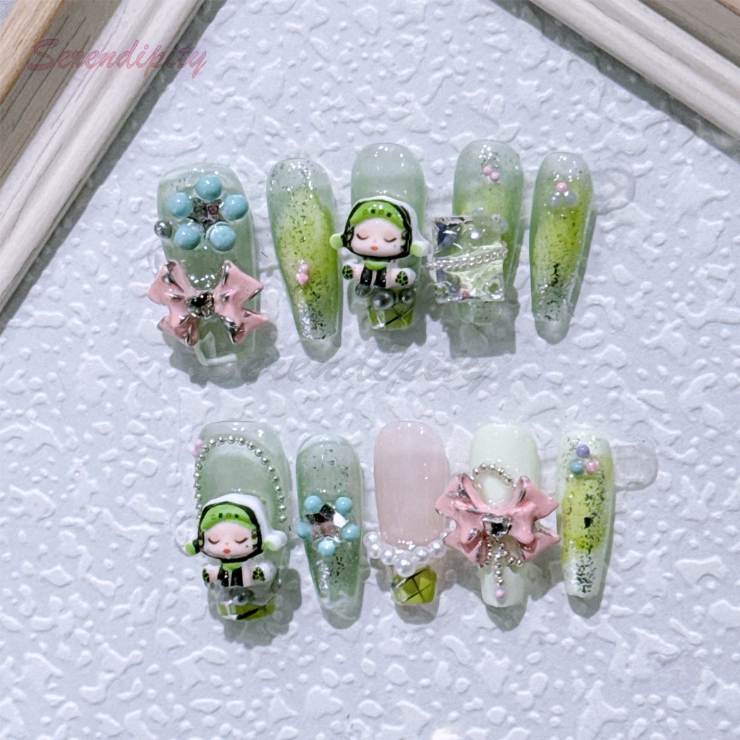 

10Pcs Press On Nail Art Hand Drawn Wearable Armor Super Cute Wanderer Detachable Light Therapy Can Be Repeatedly Used Fake Nails