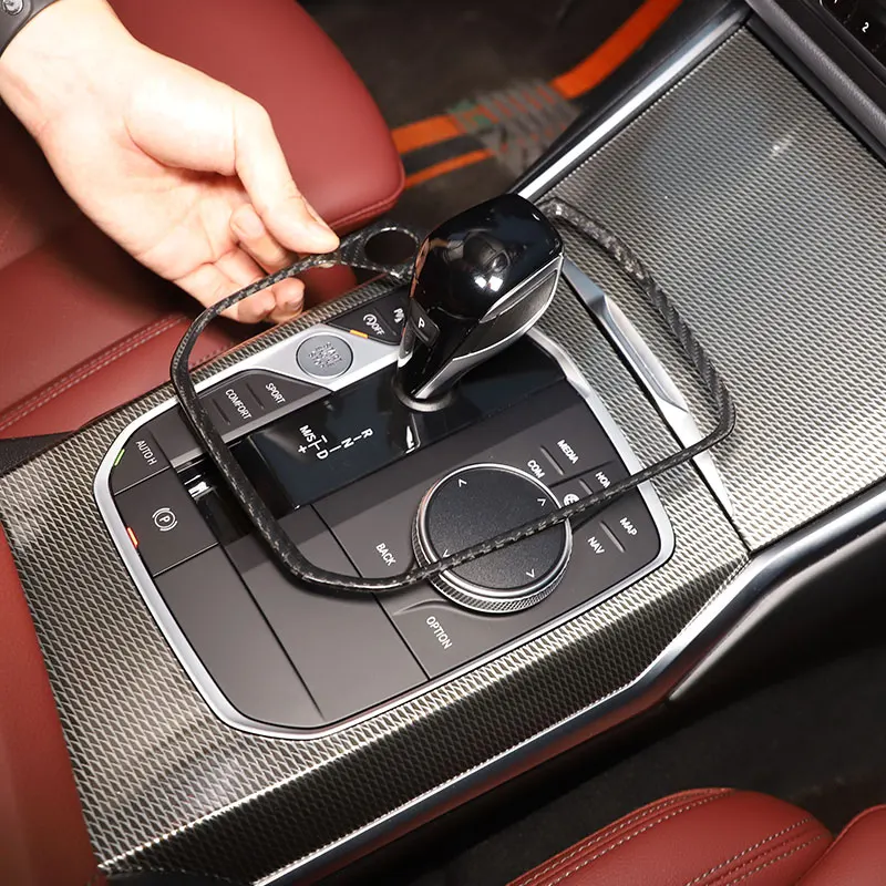 Dla BMW Z4 G29 M2 M4 M8 G87 G80 G81 G82 G83 F91 2019-23 z prawdziwego włókna węglowego przekładnia samochodowa Panel obudowa naklejki wykończeniowe