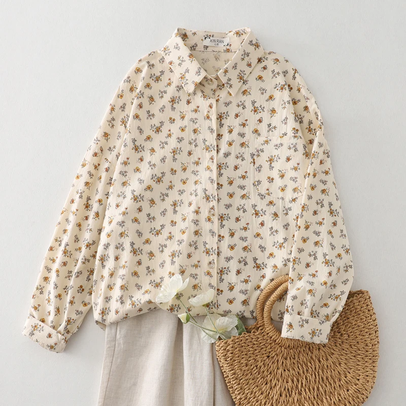 

Retro Floral Long Sve Collar irt Women's Casual Versatile Autumn New Sle Printed Loose Fit Button up Top