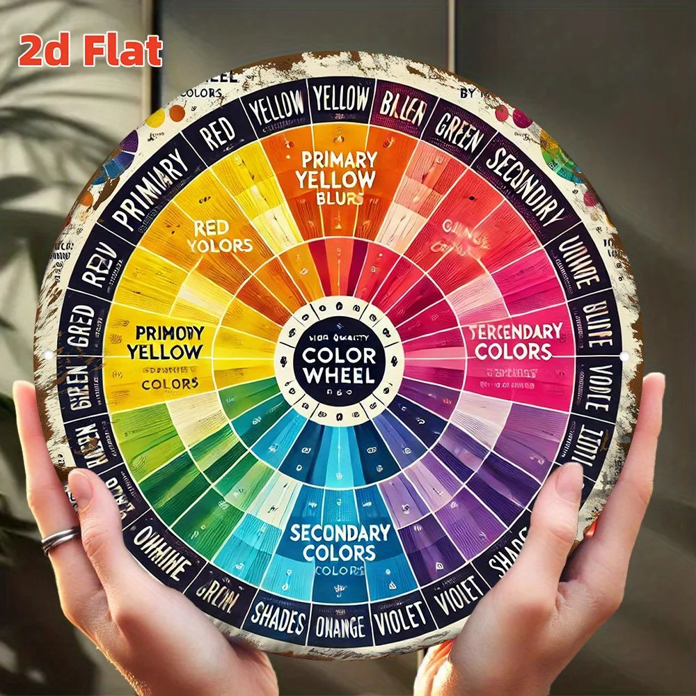 2D Flat, [Indoor Outdoor Decor] 2D Flat, 2D Flat Vintage Color Wheel Wall for art ,Sign with Primary Secondary Tertiary Color