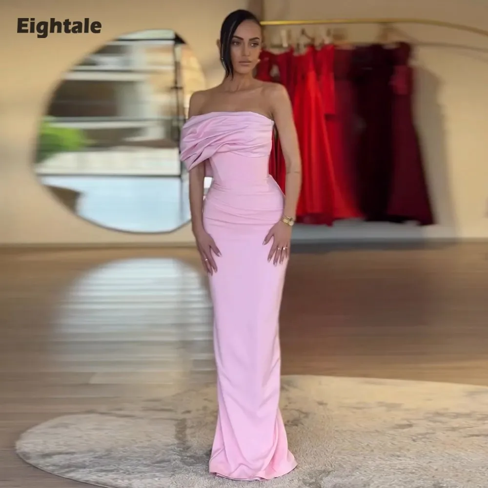 

Eightale Arabic Evening Dress Customized Strapless Stretchy Satin Pink Mermaid Prom Wedding Party Gowns