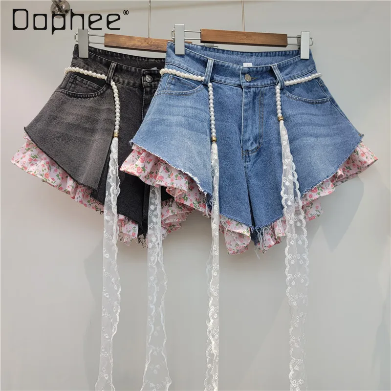 

Retro Pink Floral Splicing Fake Two-piece Denim Shorts for Women's 2026 New Age-reducing Sweet High-waisted Short Jeans Women