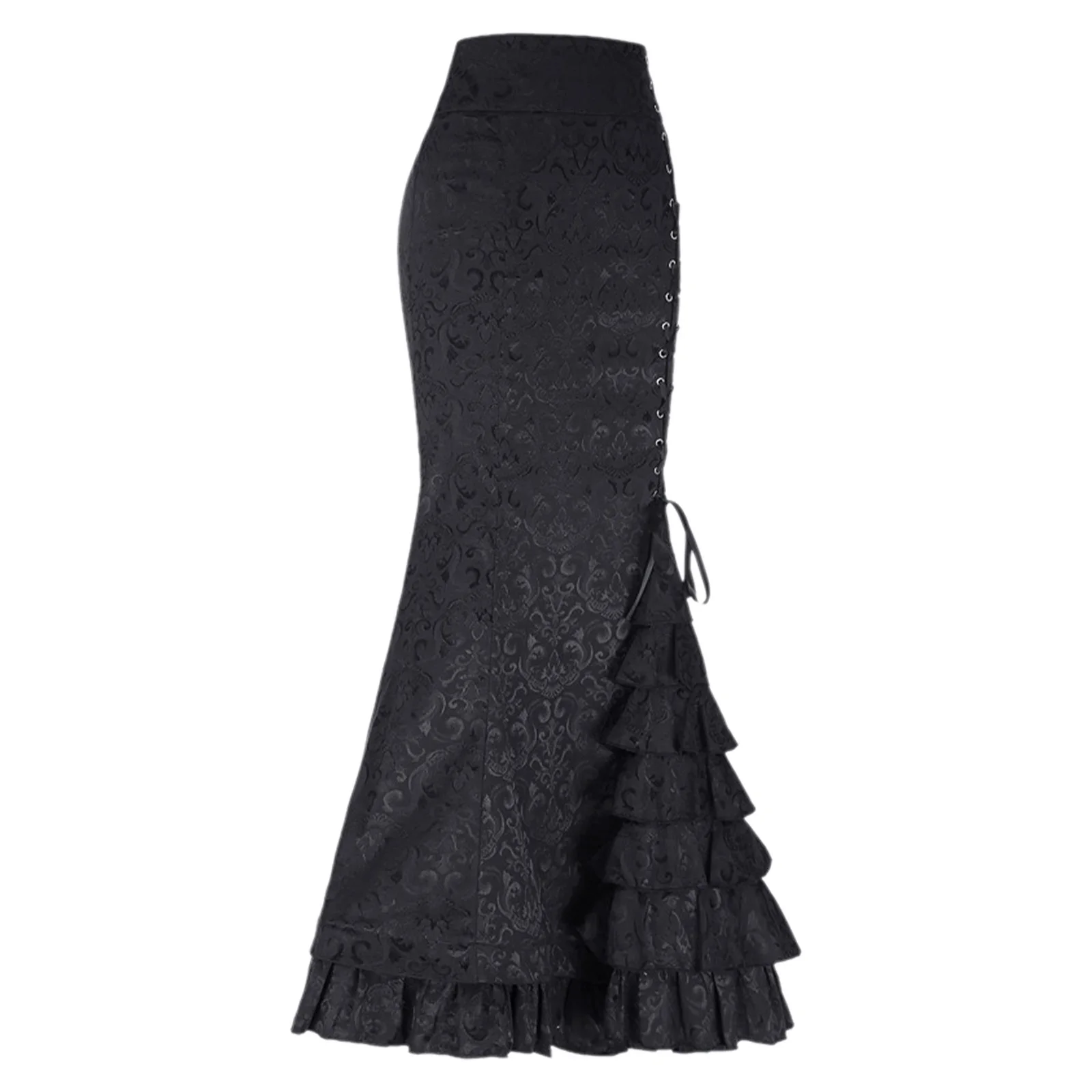 

Womens Medieval Gothic Punk Skirt for Cocktails Party Vintage Jacquard Maxi Skirt Side Lace-up Cascading Ruffles Fishtail Skirt