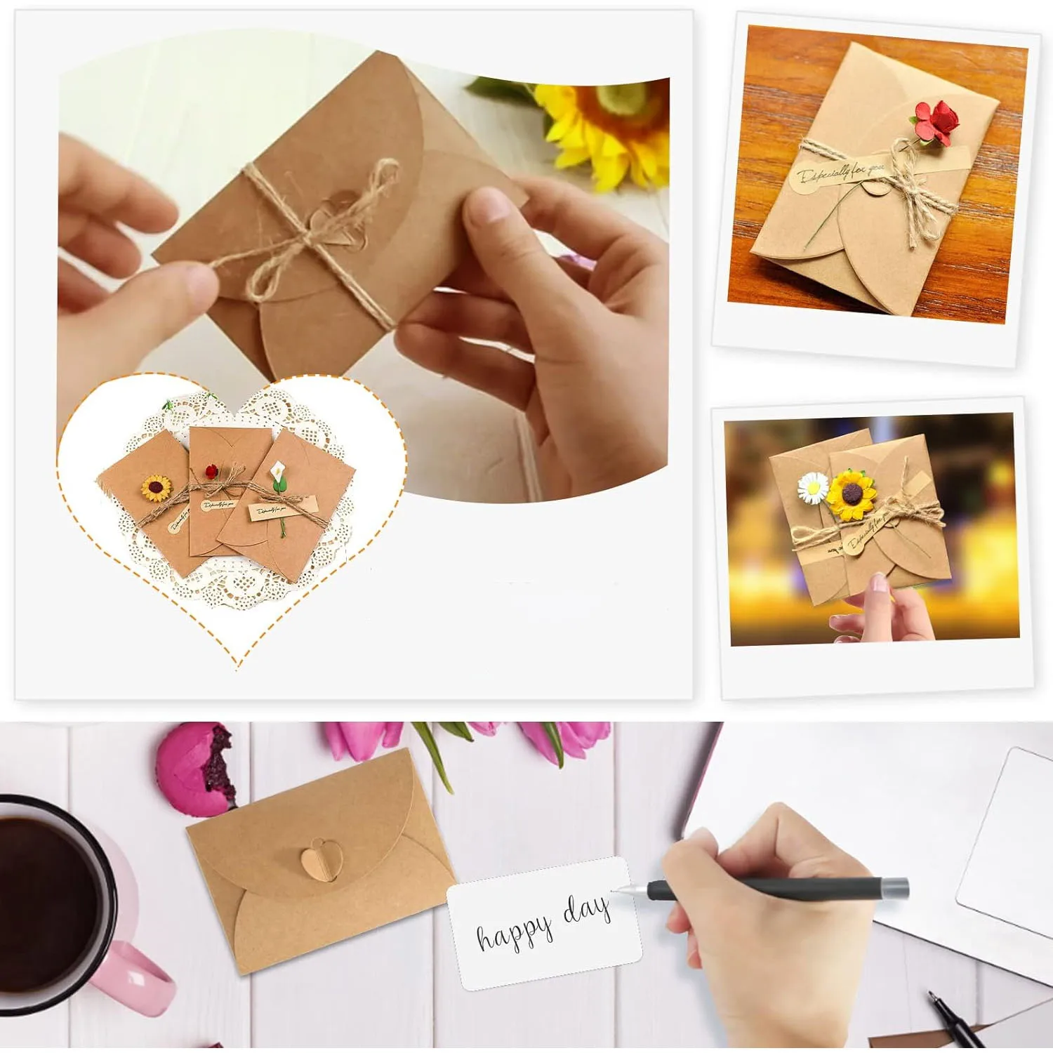 40pcs Blank Gift Card &40pcs  Envelope with Heart Closure Vintage Blank Note Card Set Greeting Card for Wedding Party Invitation