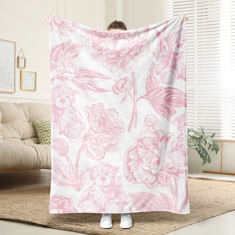 

Pink Flower Bear Flannel Blanket Fluffy Cozy Throw Adult Nap Blankets Soft Bedding Sofa Blanket for Party Home Decorations