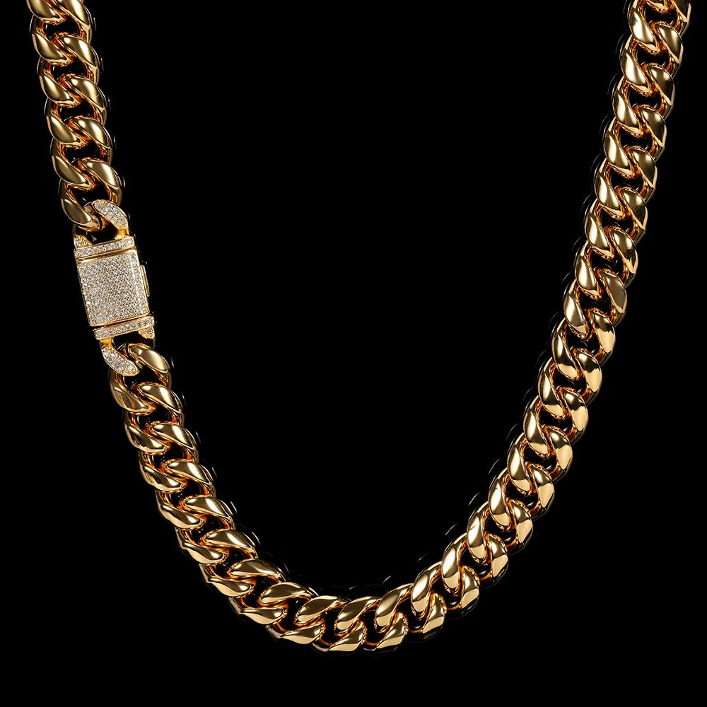 

Wholesale Hip Hop Real 18k Gold Plating 12mm Stainless Steel Cuban Necklace Titanium Steel Encrypted Men's Necklace