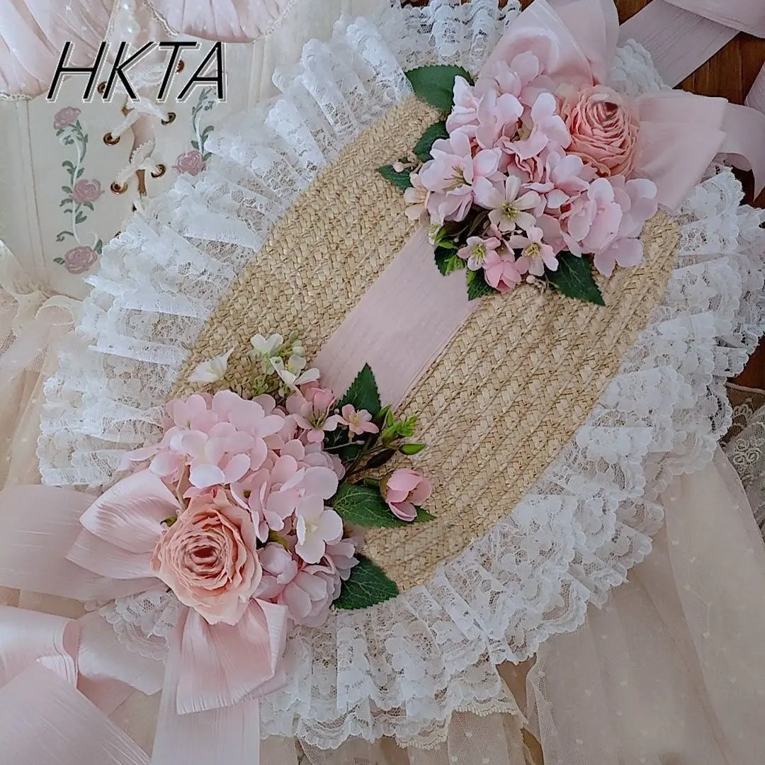 Franse Stijl Zoete Leuke Kant Splicing Bloem Boog Strohoeden Vrouwen Lolita Zomer Pastorale Prachtige Elegante BNT Platte Hoeden Dames