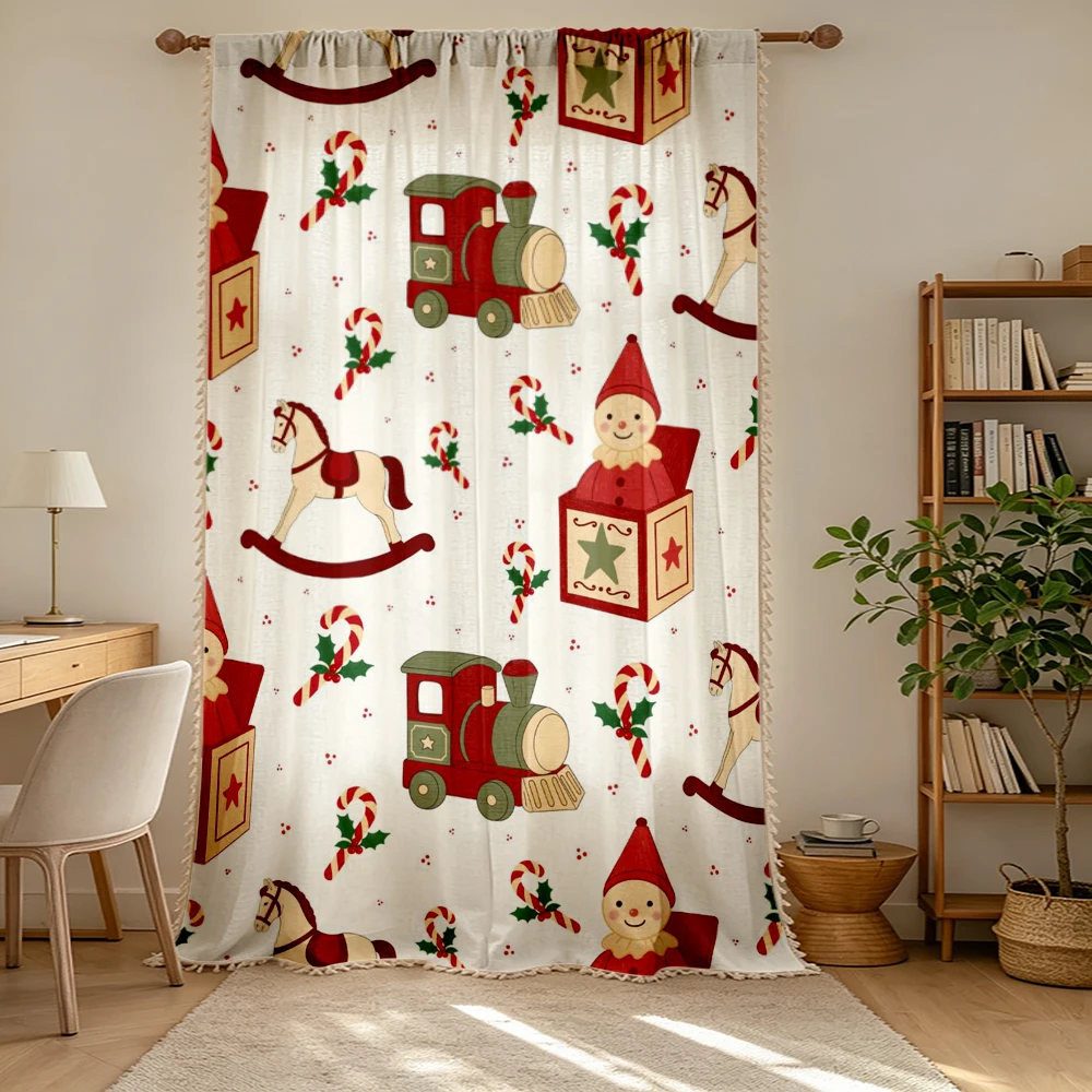 1PC Christmas Tassel Sheer Curtains, Toy Train Rocking Horse, Digital Print, Linen Polyester, Bedroom Living Room, Rod Pocket
