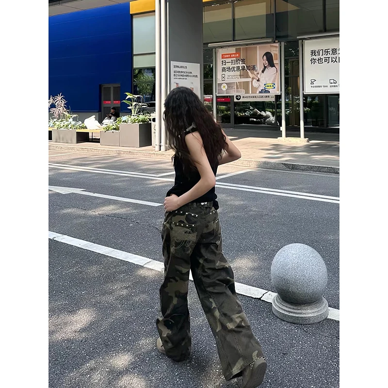 ZHIZOU Women's Jean Baggy Camouflage Wide Fit Denim Pants Boyfriend Punk Y2K Japanese Harajuku 2000s High Street American Retro