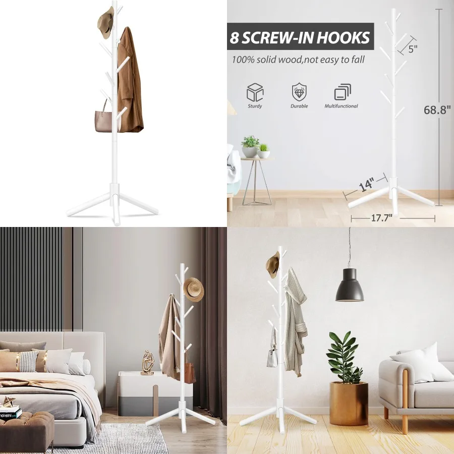 

Прочная деревянная вешалка для одежды, отдельно стоящая со стабильным треугольным основанием, 8 крючков и 3 регулируемыми по высоте для спальни, прихожей, офиса S