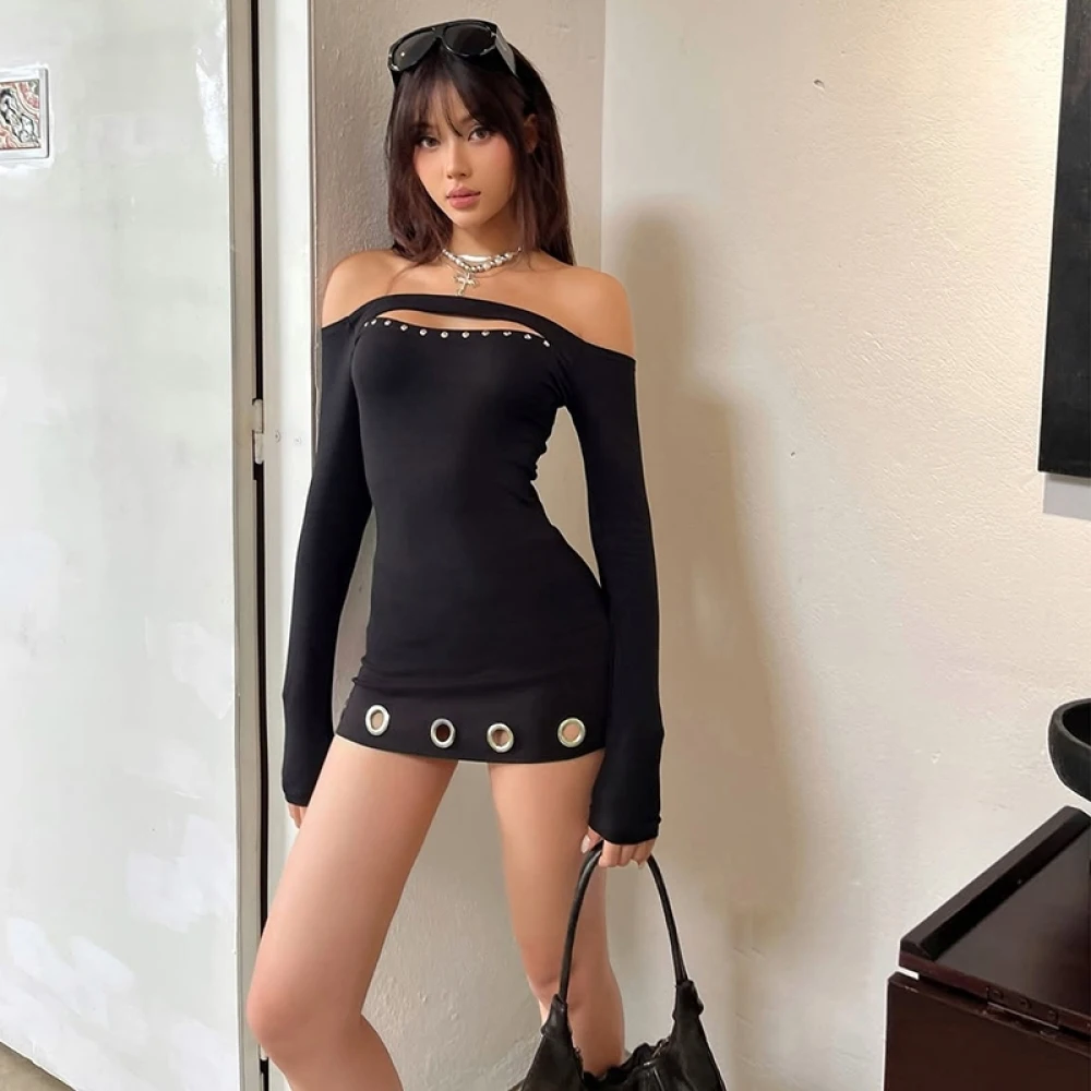 فستان نسائي بتصميم مجوف معدني برشام من SylCue برقبة مائلة بدون ظهر وأكمام كاملة نحيل قابل للتمدد على طراز شارع العليا أنيق #1