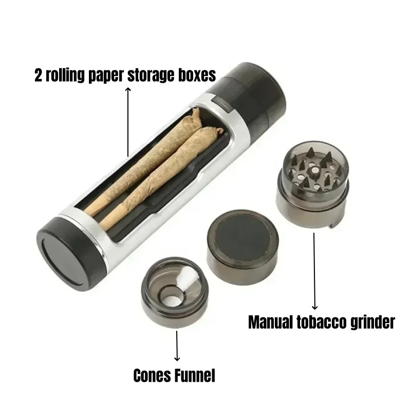 Portable Dry Herb Grinder with 3 in 1 Tobacco Filling Horn Tube Function Grass Crusher Cigarettes Case Smoking Pipe Accessories