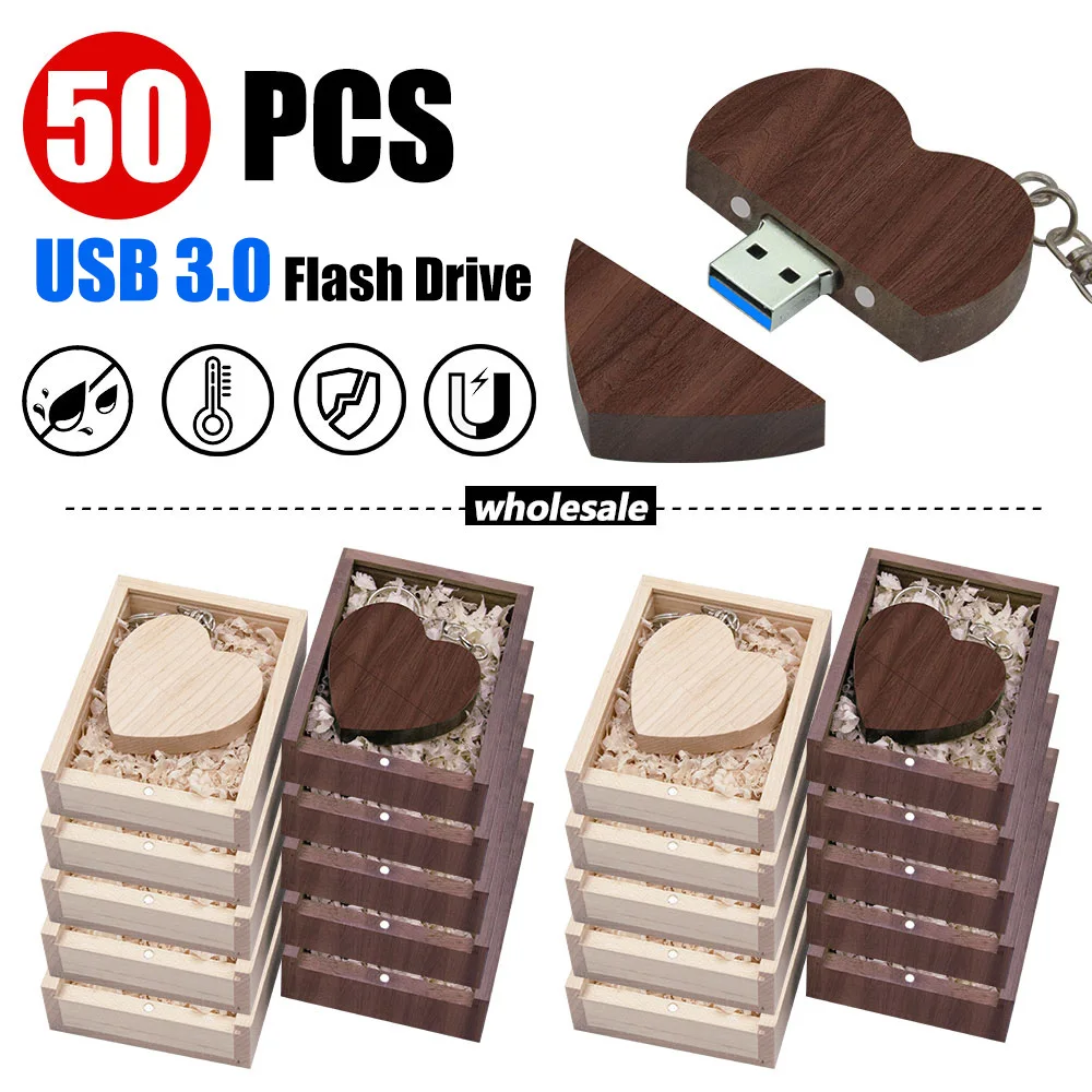 50pcs/lot Creative Love Heart Usb Flash Drive 8GB 16GB 32GB 64GB 128GB USB 3.0 pendrive Wooden with Chain for Memory Stick Gift