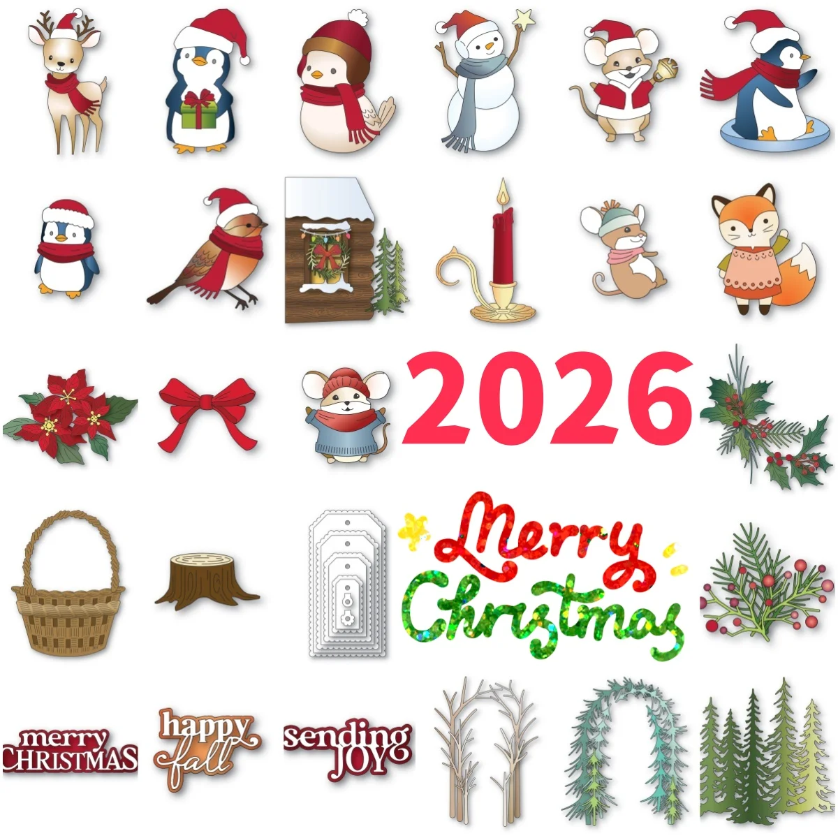 2026 Christmas Charm Festive Fawn Basket Penguin Mouse Metal Cutting Dies for DIY Making Gift Card Scrapbook Embossed Craft