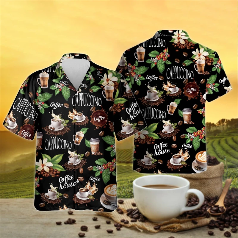 

Harajuku Fashion Coffee Graphic Beach Shirt Casual Hawaiian Shirts For Men Clothes Coffee Beans Chicken Skull Short Sleeve Tops