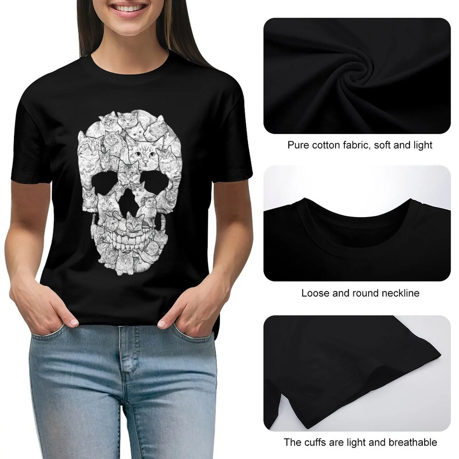 Cat Skull Kitty Skeleton Costume Tarot Premium T Shirt Graphic Shirt Casual Short Sleeved Female Tee T-Shirt Size S-4XL