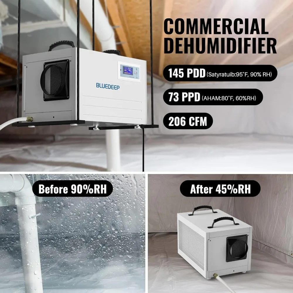 Basement Crawl Space Dehumidifier 145 Pints (Saturation) 70 Pints Auto Defrost Commercial Dehumidifier with Drain Hose