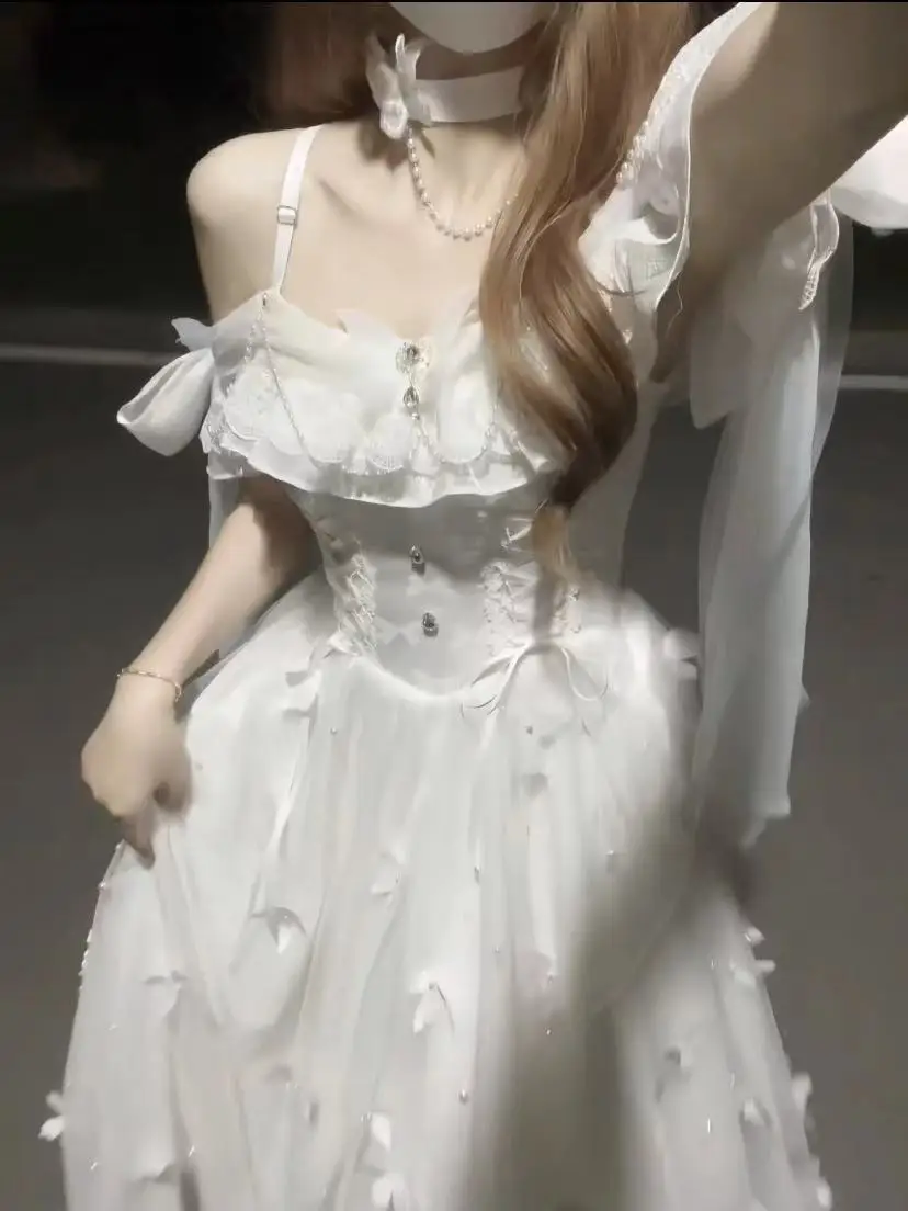 

MAGOGO Summer White Mesh Fairy Dress Woman Romantic Style Princess Sling Long Dress Party Night Vestido Festa Robe Blanche Femme